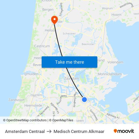 Amsterdam Centraal to Medisch Centrum Alkmaar map