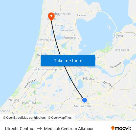 Utrecht Centraal to Medisch Centrum Alkmaar map