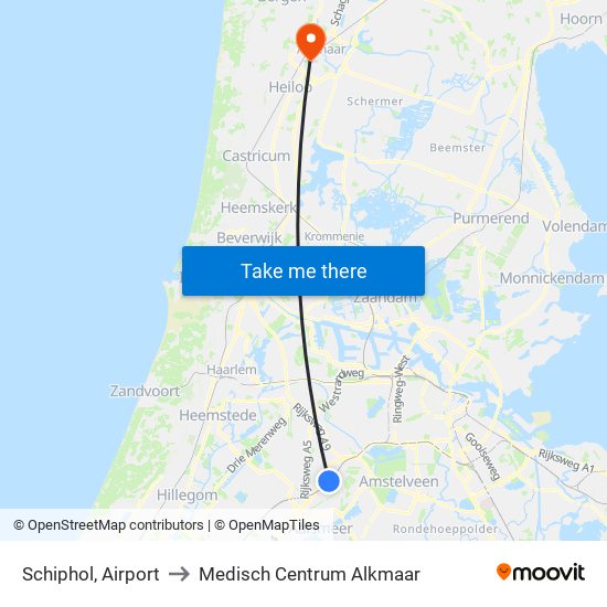 Schiphol, Airport to Medisch Centrum Alkmaar map