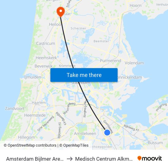 Amsterdam Bijlmer Arena to Medisch Centrum Alkmaar map