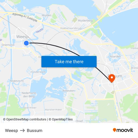 Weesp to Bussum map