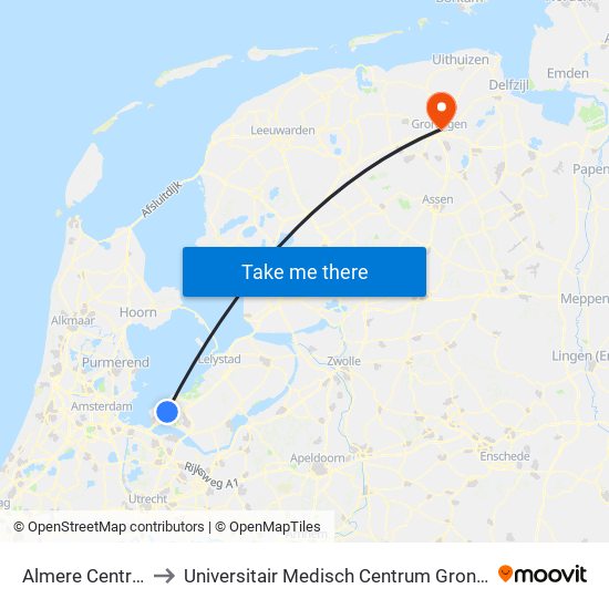 Almere Centrum to Universitair Medisch Centrum Groningen map