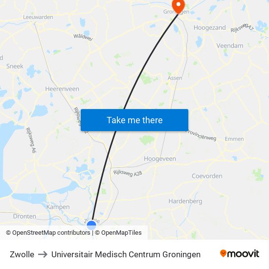 Zwolle to Universitair Medisch Centrum Groningen map