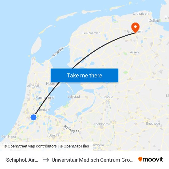 Schiphol, Airport to Universitair Medisch Centrum Groningen map