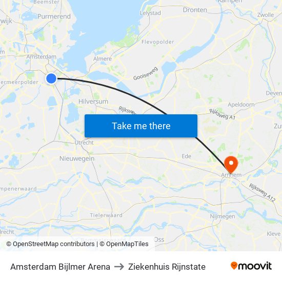 Amsterdam Bijlmer Arena to Ziekenhuis Rijnstate map