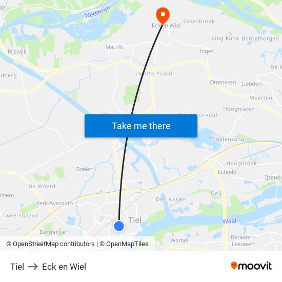 Tiel to Eck en Wiel map