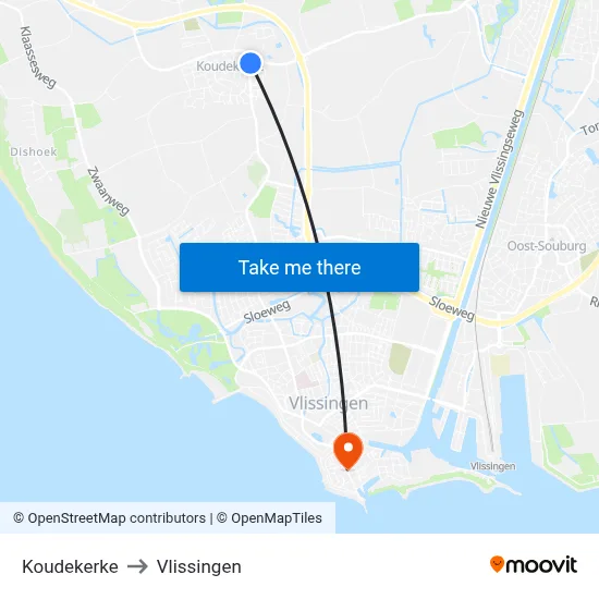 Koudekerke to Vlissingen map