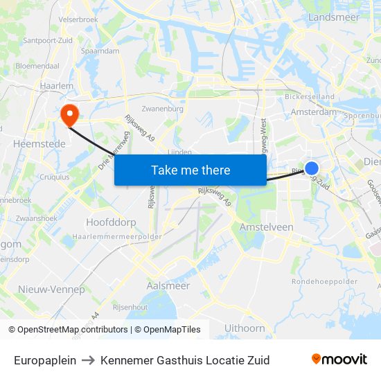 Europaplein to Kennemer Gasthuis Locatie Zuid map