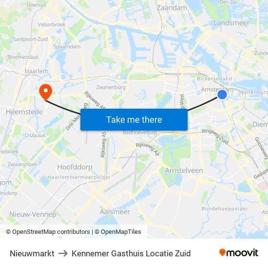 Nieuwmarkt to Kennemer Gasthuis Locatie Zuid map