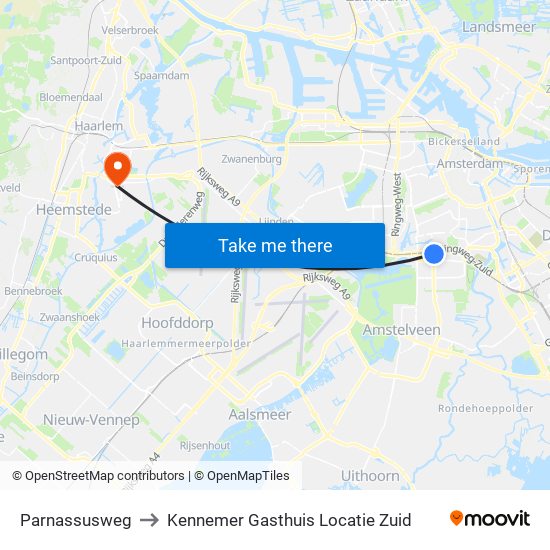 Parnassusweg to Kennemer Gasthuis Locatie Zuid map