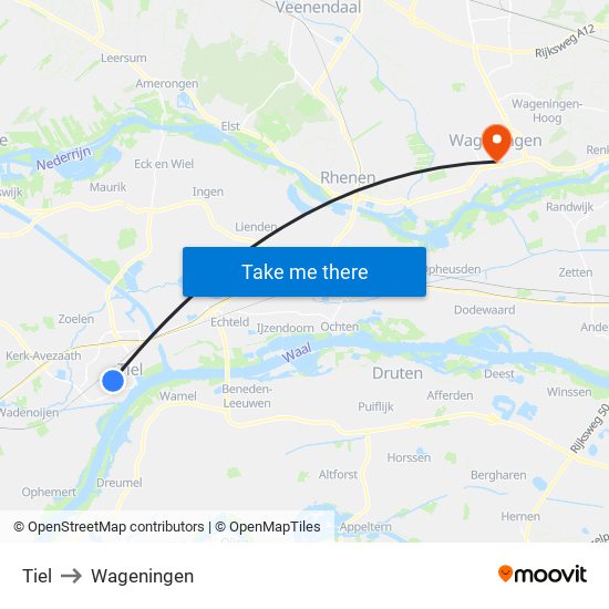 Tiel to Wageningen map