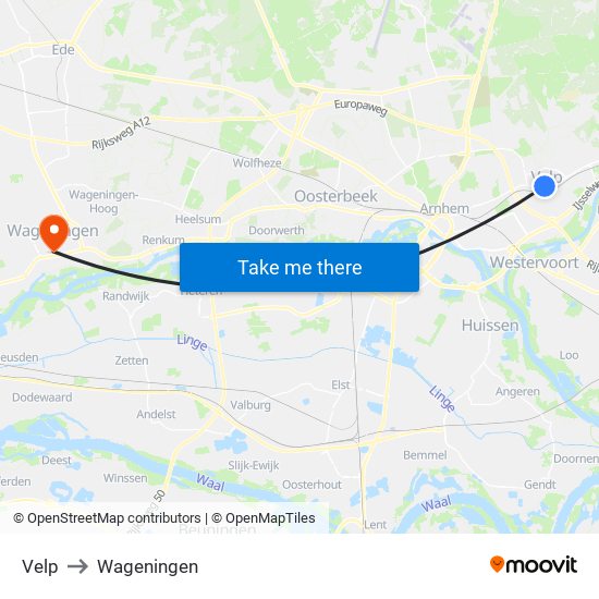 Velp to Wageningen map