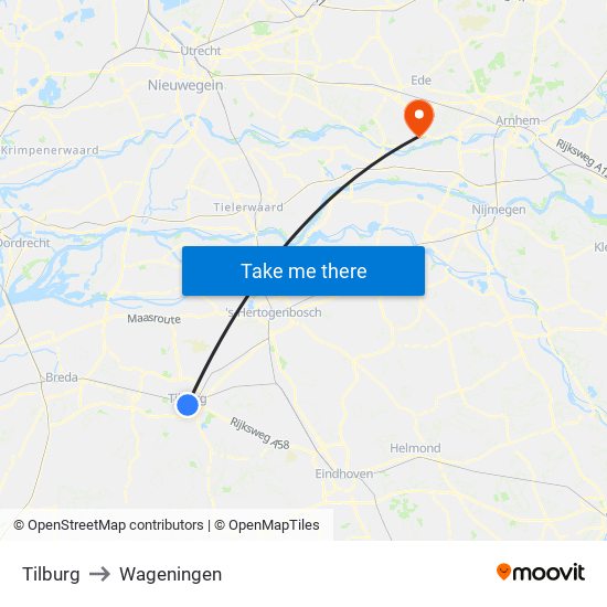 Tilburg to Wageningen map