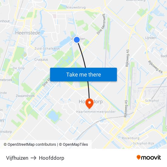 Vijfhuizen to Hoofddorp map