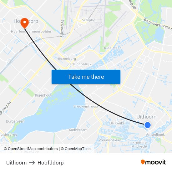 Uithoorn to Hoofddorp map