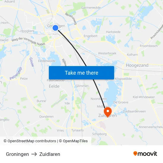 Groningen to Zuidlaren map