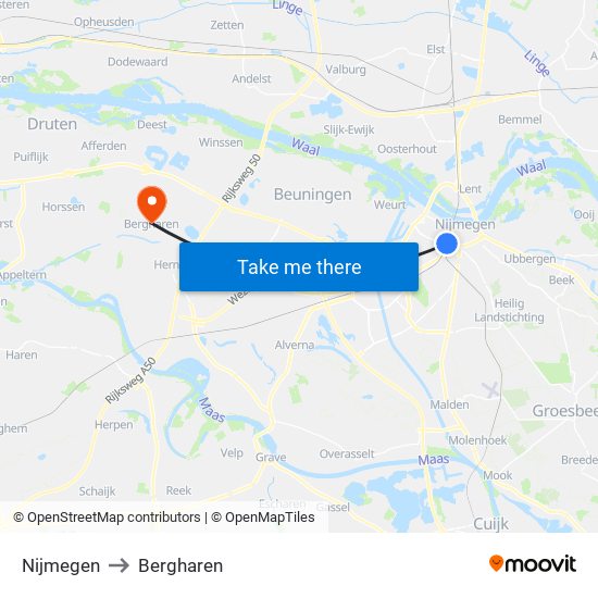 Nijmegen to Bergharen map