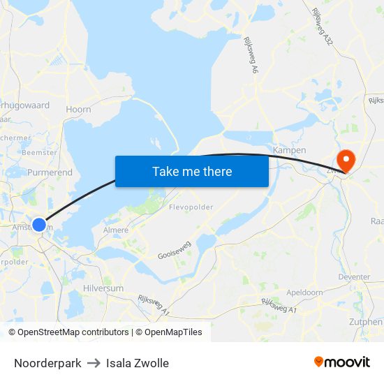 Noorderpark to Isala Zwolle map