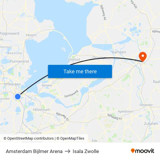 Amsterdam Bijlmer Arena to Isala Zwolle map