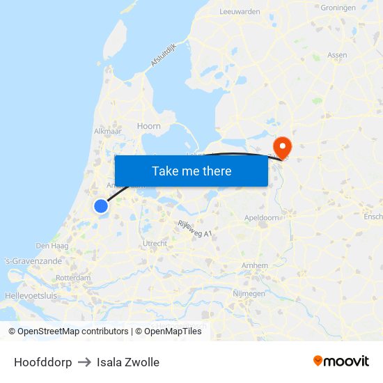 Hoofddorp to Isala Zwolle map