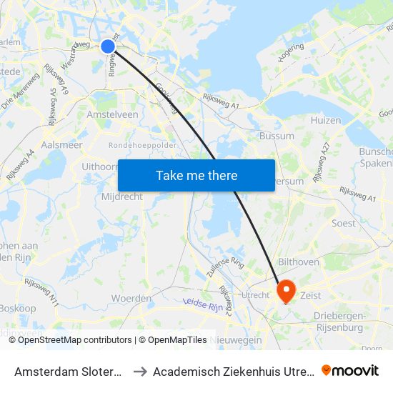 Amsterdam Sloterdijk to Academisch Ziekenhuis Utrecht map