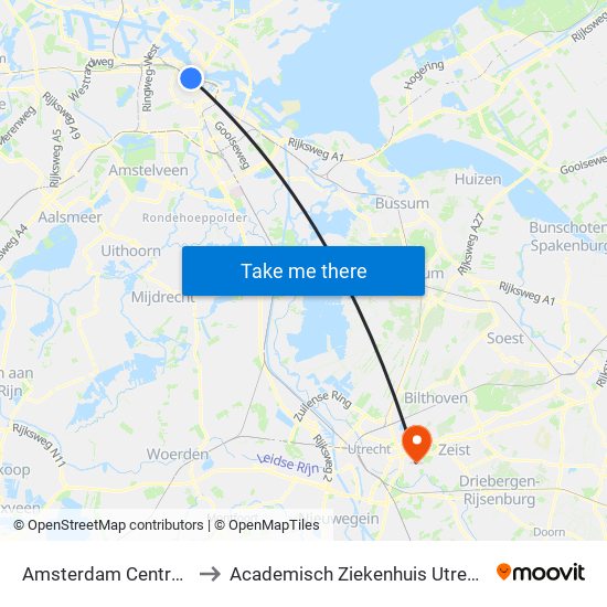 Amsterdam Centraal to Academisch Ziekenhuis Utrecht map