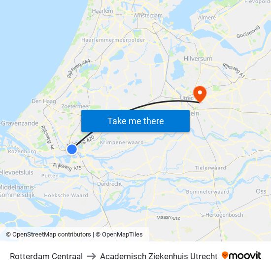Rotterdam Centraal to Academisch Ziekenhuis Utrecht map