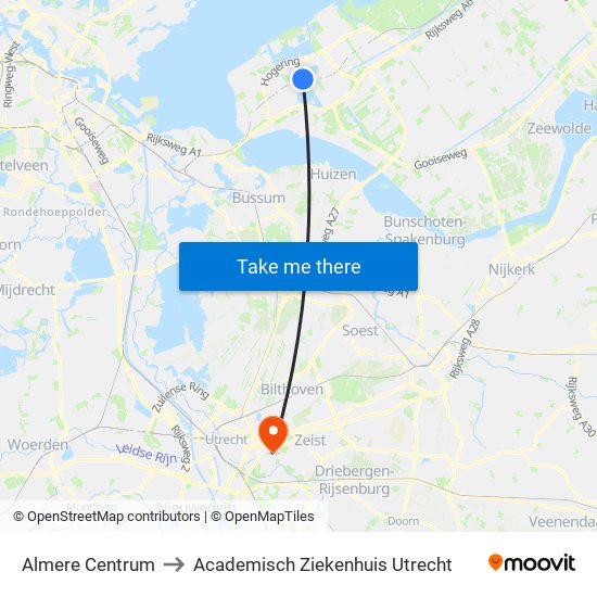Almere Centrum to Academisch Ziekenhuis Utrecht map