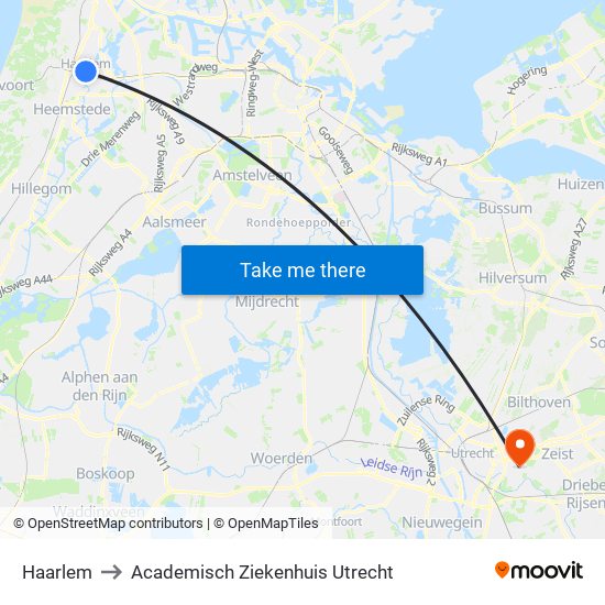 Haarlem to Academisch Ziekenhuis Utrecht map