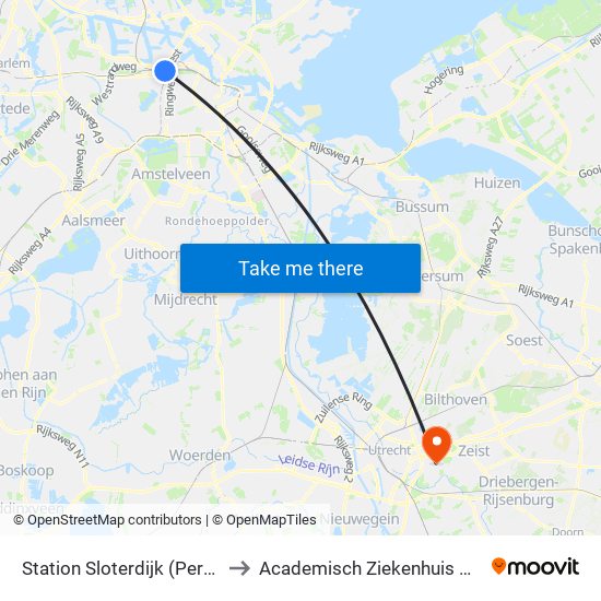 Station Sloterdijk (Perron N) to Academisch Ziekenhuis Utrecht map