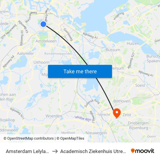 Amsterdam Lelylaan to Academisch Ziekenhuis Utrecht map