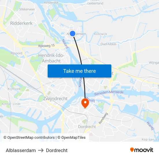 Alblasserdam to Dordrecht map