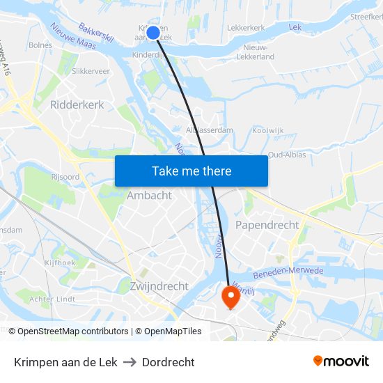 Krimpen aan de Lek to Dordrecht map