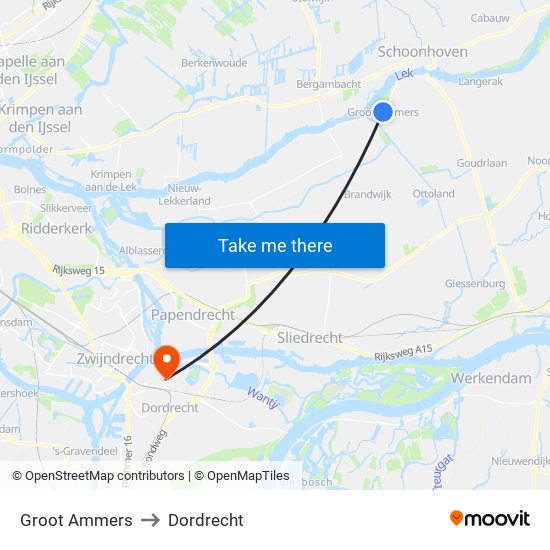 Groot Ammers to Dordrecht map