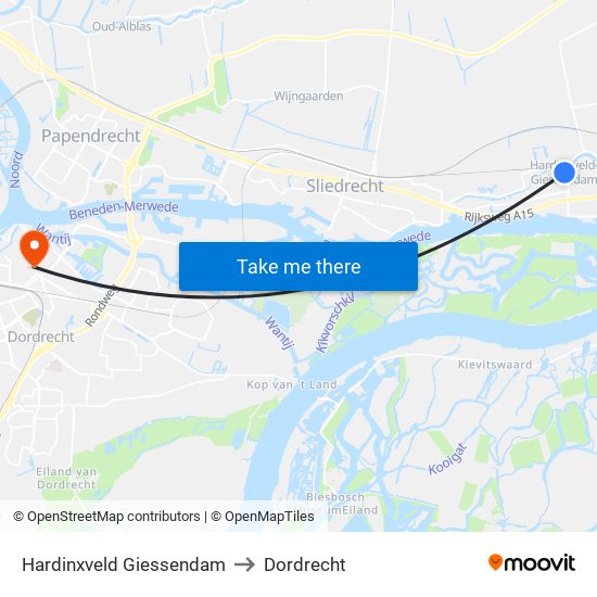 Hardinxveld Giessendam to Dordrecht map