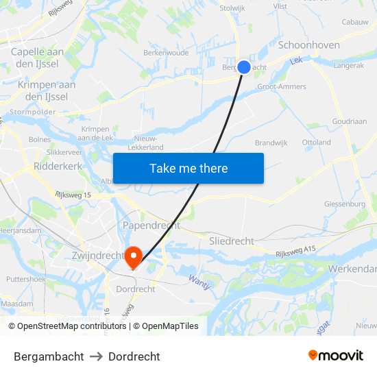 Bergambacht to Dordrecht map