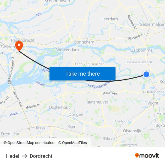 Hedel to Dordrecht map