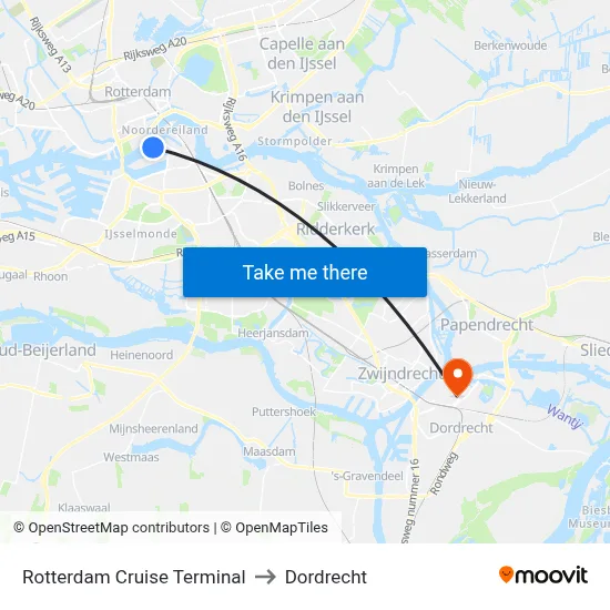 Rotterdam Cruise Terminal to Dordrecht map