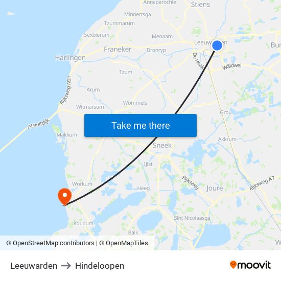 Leeuwarden to Hindeloopen map