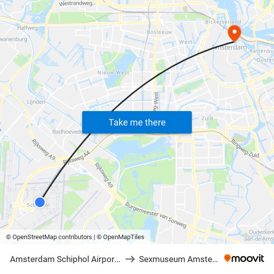 Amsterdam Schiphol Airport AMS to Sexmuseum Amsterdam map