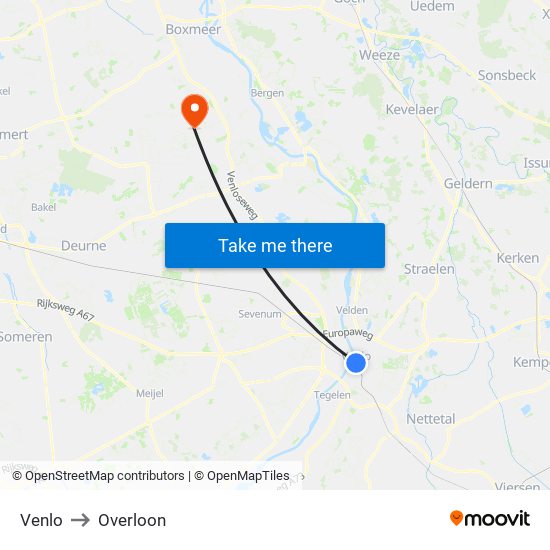 Venlo to Overloon map