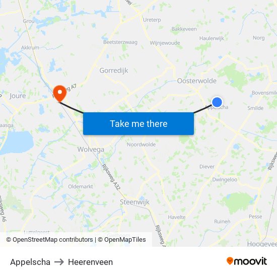 Appelscha to Heerenveen map