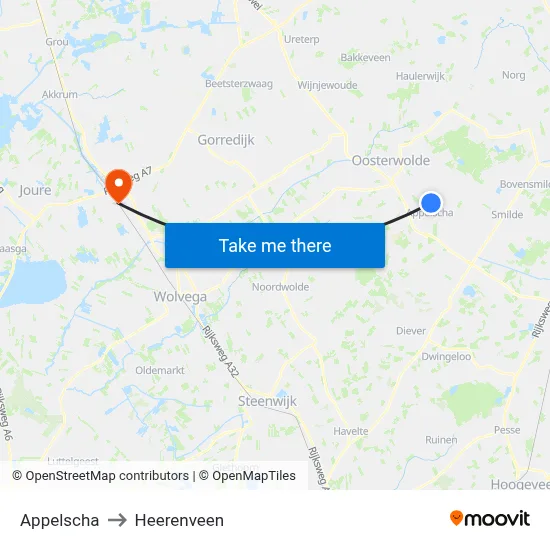 Appelscha to Heerenveen map