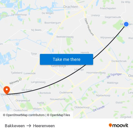 Bakkeveen to Heerenveen map