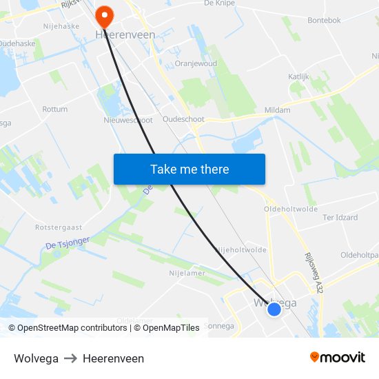 Wolvega to Heerenveen map