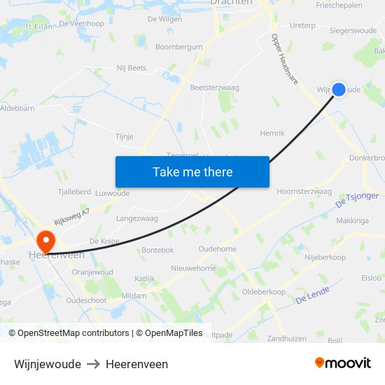 Wijnjewoude to Heerenveen map