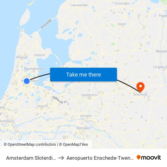 Amsterdam Sloterdijk to Aeropuerto Enschede-Twente map