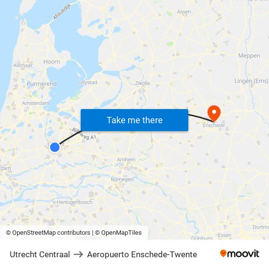 Utrecht Centraal to Aeropuerto Enschede-Twente map