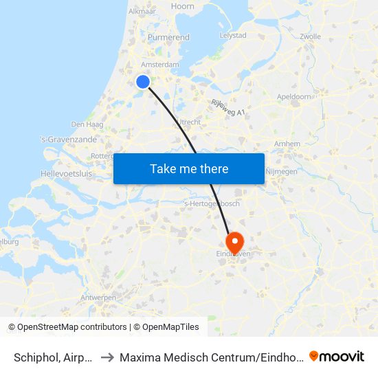 Schiphol, Airport to Maxima Medisch Centrum / Eindhoven map