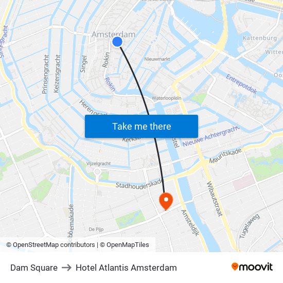 Dam Square to Hotel Atlantis Amsterdam map